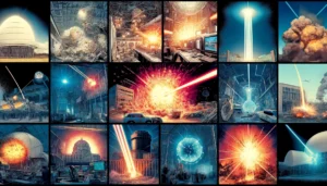 Dall·e 2024 06 10 10.28.58 a comic book style image montage depicting the effects of directed energy weapons dews at various locations. the central image shows a powerful dew 