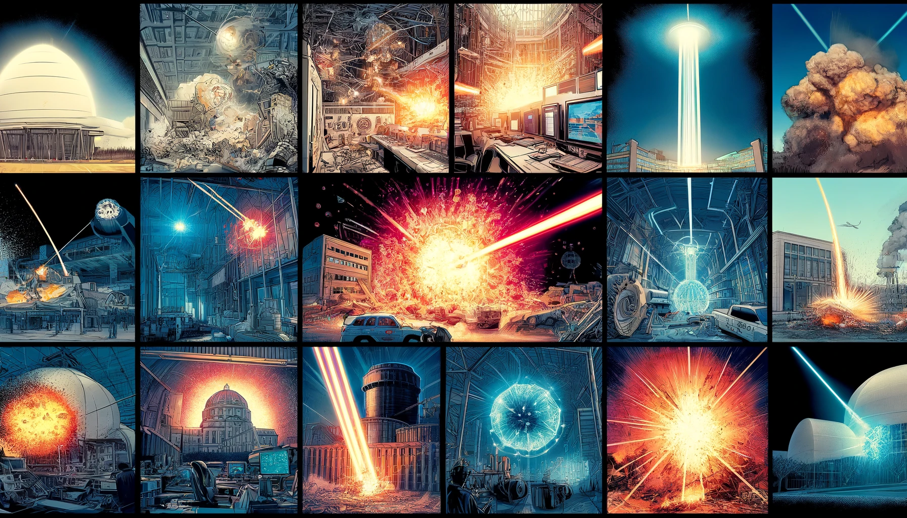 Dall·e 2024 06 10 10.28.58 a comic book style image montage depicting the effects of directed energy weapons dews at various locations. the central image shows a powerful dew 